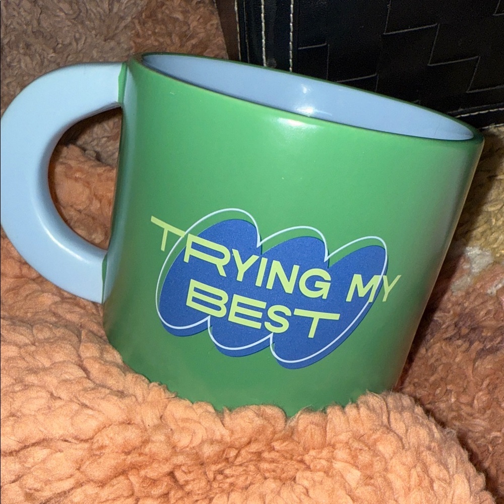 Start the day POSITIVE! Green & Blue Motivational Mug TRYING MY BEST